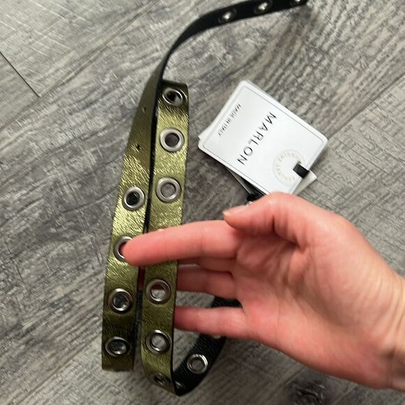 Marlon Vera Pelle Metallic Green Black Leather Belt Italy Sz 85 NWT